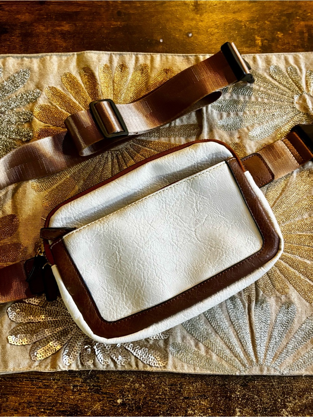 Women’s White and Brown Leather Crossbody Belt Bag
